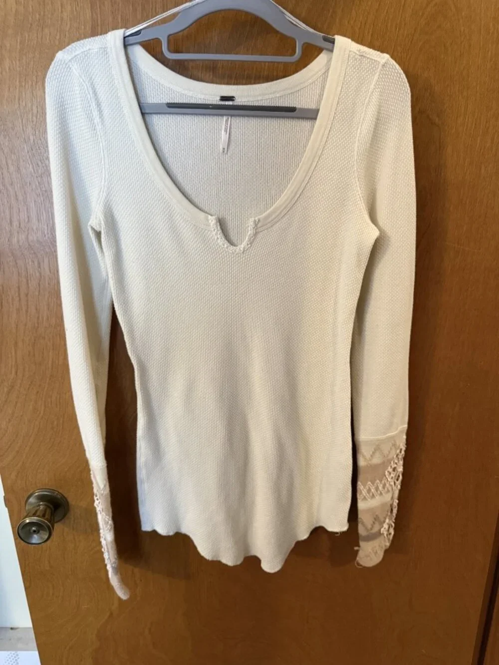 Free People Kombucha Cuff Thermal Top Ivory Waffle Knit Crochet Women's Medium